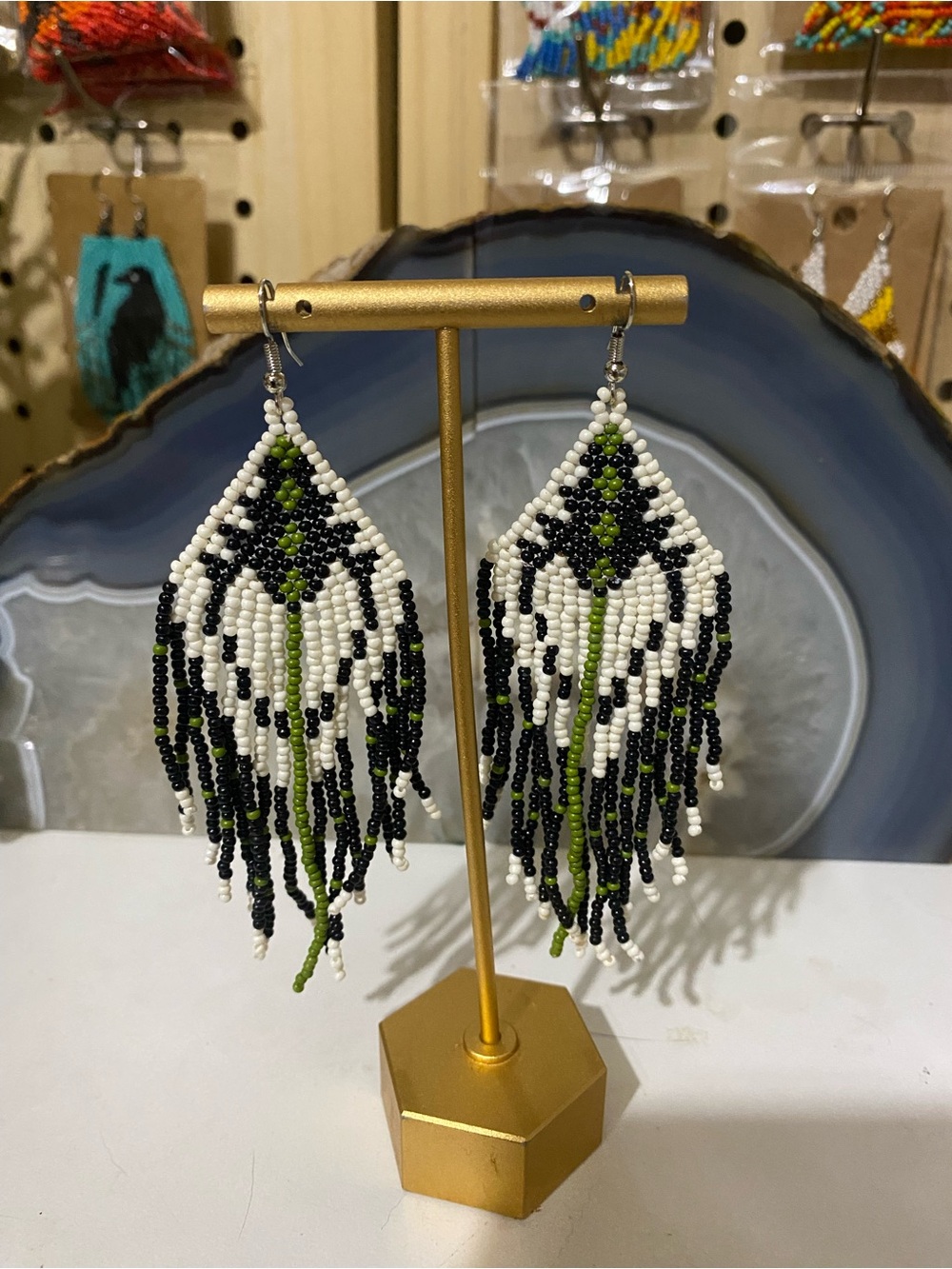 Beaded Fringe Earrings in White, Black & Green - Stylish Drop Earrings